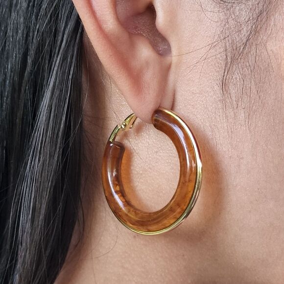 Butterscotch Resin Hoop Earring With Gold Plated Outline 1.64in - Picture 6 of 14